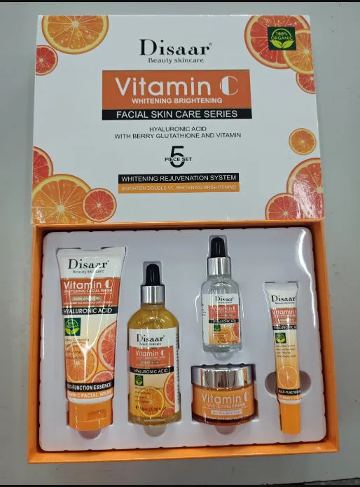 Vitamin C facial care set with toner, emulsion, serum, cream, and eye cream in coordinated packaging