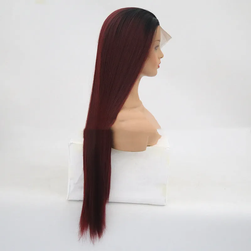 Burgundy trellis long straight chemical fiber headgear in wine red on a stand