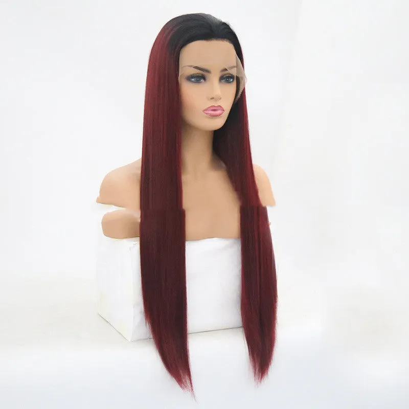 Burgundy trellis long straight chemical fiber headgear in wine red on a stand