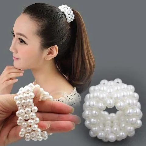 Handmade beaded hair rope with imitation pearls available in black pink silver and white colours