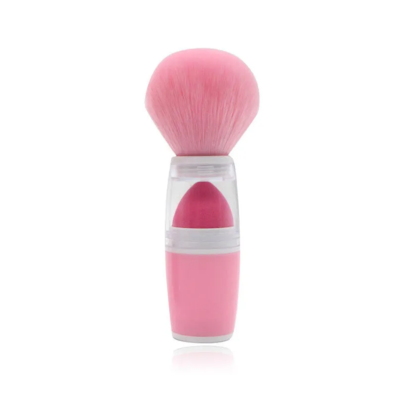 Single portable blush brush with sponge head puff, synthetic hair, and plastic handle in pink colour