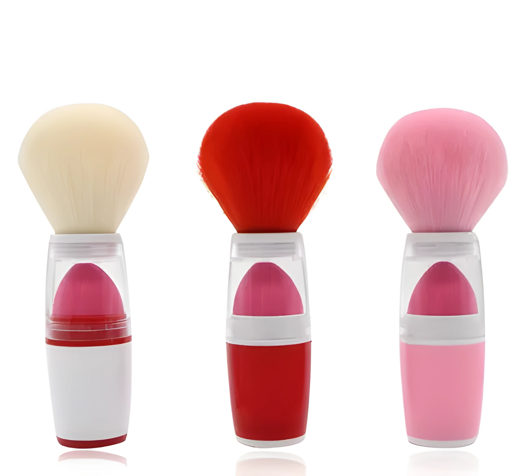 Single portable blush brush with sponge head puff, synthetic hair, and plastic handle in pink colour