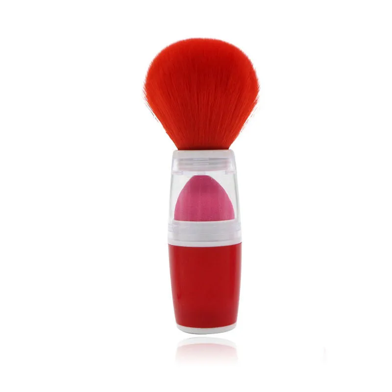 Single portable blush brush with sponge head puff, synthetic hair, and plastic handle in pink colour