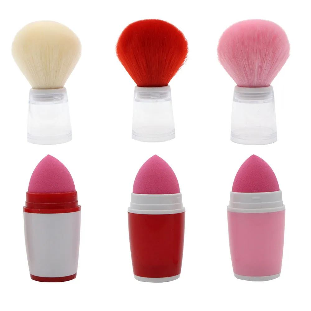 Single portable blush brush with sponge head puff, synthetic hair, and plastic handle in pink colour