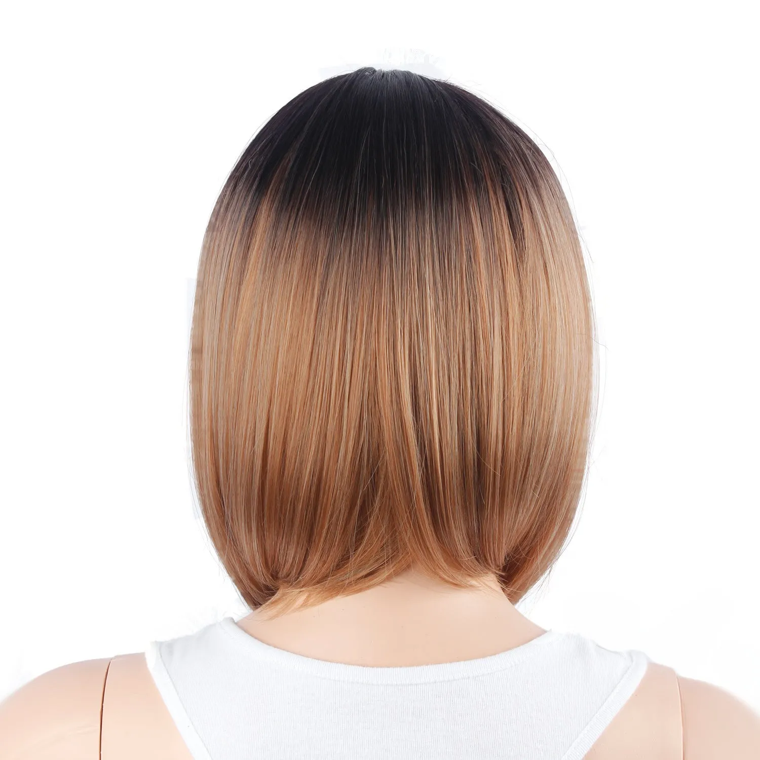Short ladies wig cover in black brown gradient gradient colour, 13 inch length on stand