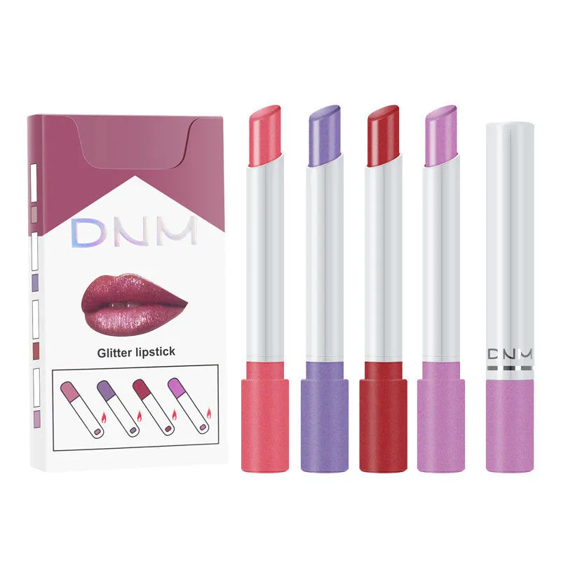 Four makeup set non-stick cigarette pipe thin lipsticks in assorted colours on white background