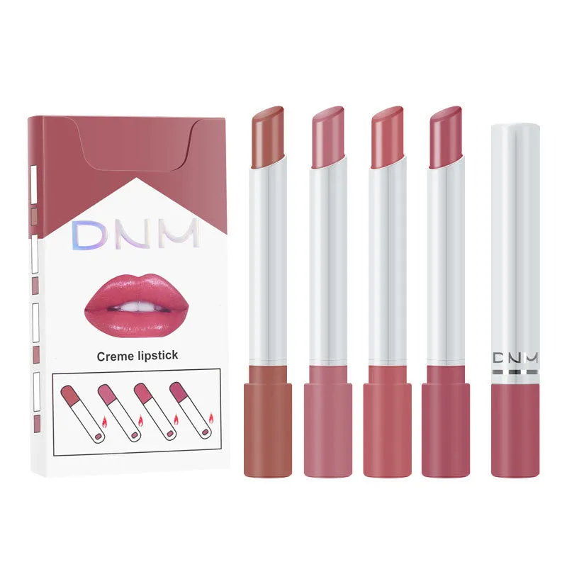 Four makeup set non-stick cigarette pipe thin lipsticks in assorted colours on white background