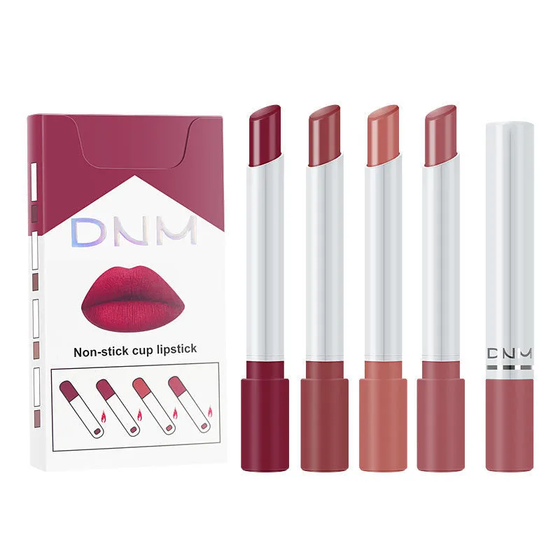 Four makeup set non-stick cigarette pipe thin lipsticks in assorted colours on white background