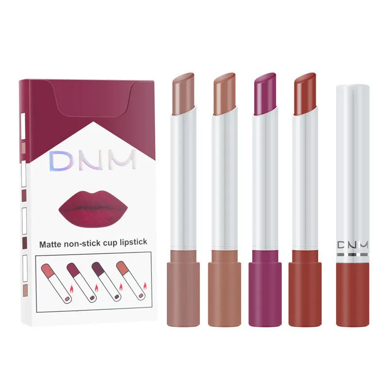 Four makeup set non-stick cigarette pipe thin lipsticks in assorted colours on white background