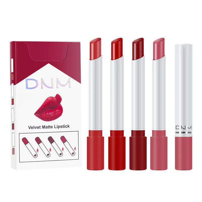 Four makeup set non-stick cigarette pipe thin lipsticks in assorted colours on white background
