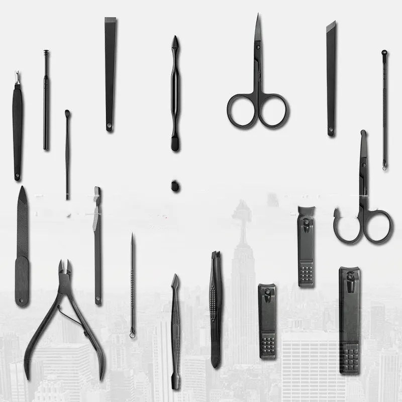 18-piece nail clippers set with stainless steel blades in black-red and orange colours on white background