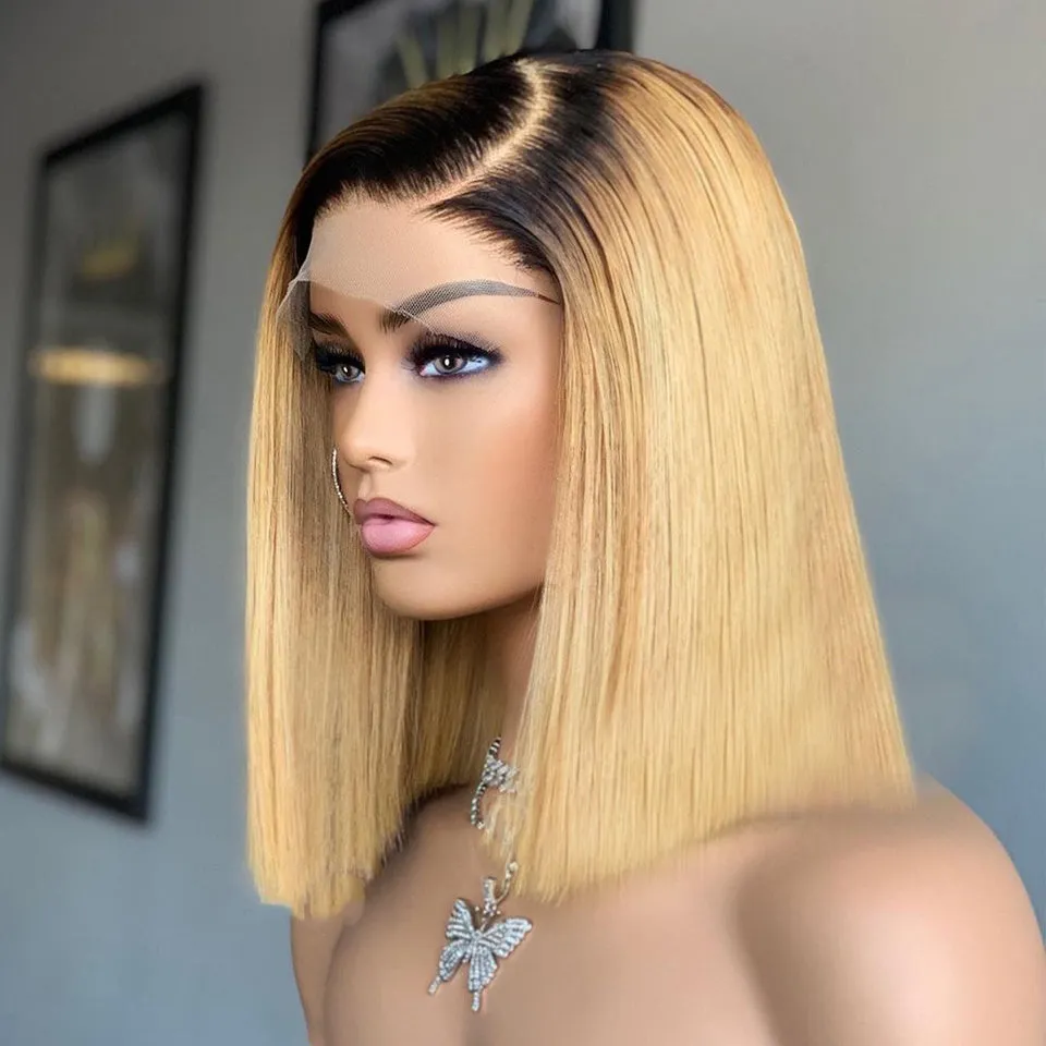 Ombre straight real human hair short bob wig with 180% density, 12 inch length, half lace front