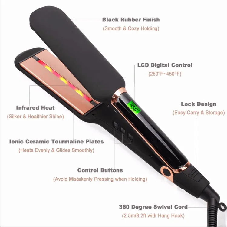 Infrared hair straightener with blue LED display and ceramic oil heating plate