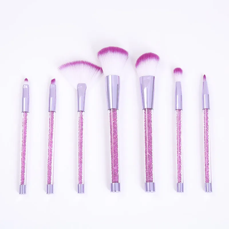 7-piece makeup brush set with rayon bristles, PU tip, long plastic handle, 20cm length, pink colour