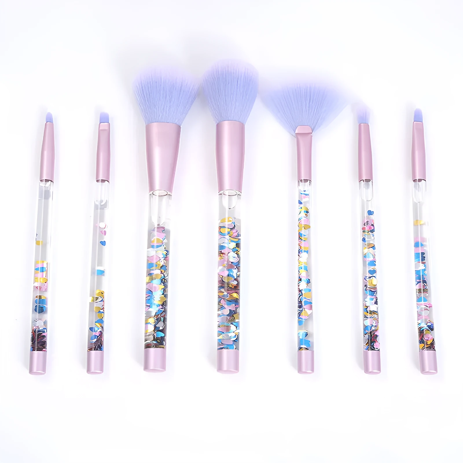 7-piece makeup brush set with rayon bristles, PU tip, long plastic handle, 20cm length, pink colour