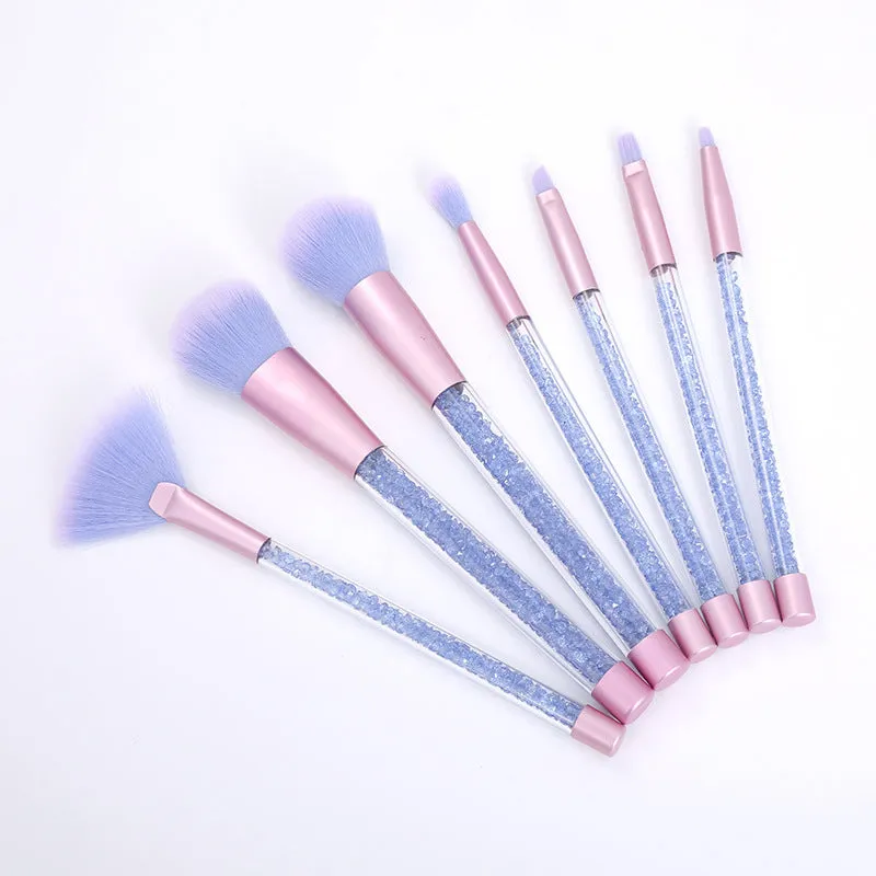 7-piece makeup brush set with rayon bristles, PU tip, long plastic handle, 20cm length, pink colour