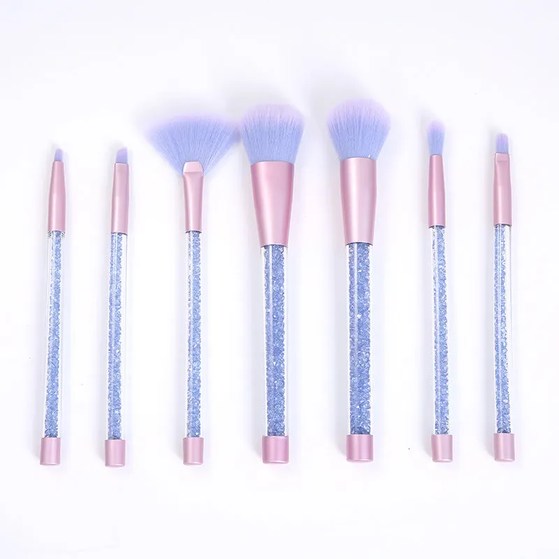 7-piece makeup brush set with rayon bristles, PU tip, long plastic handle, 20cm length, pink colour