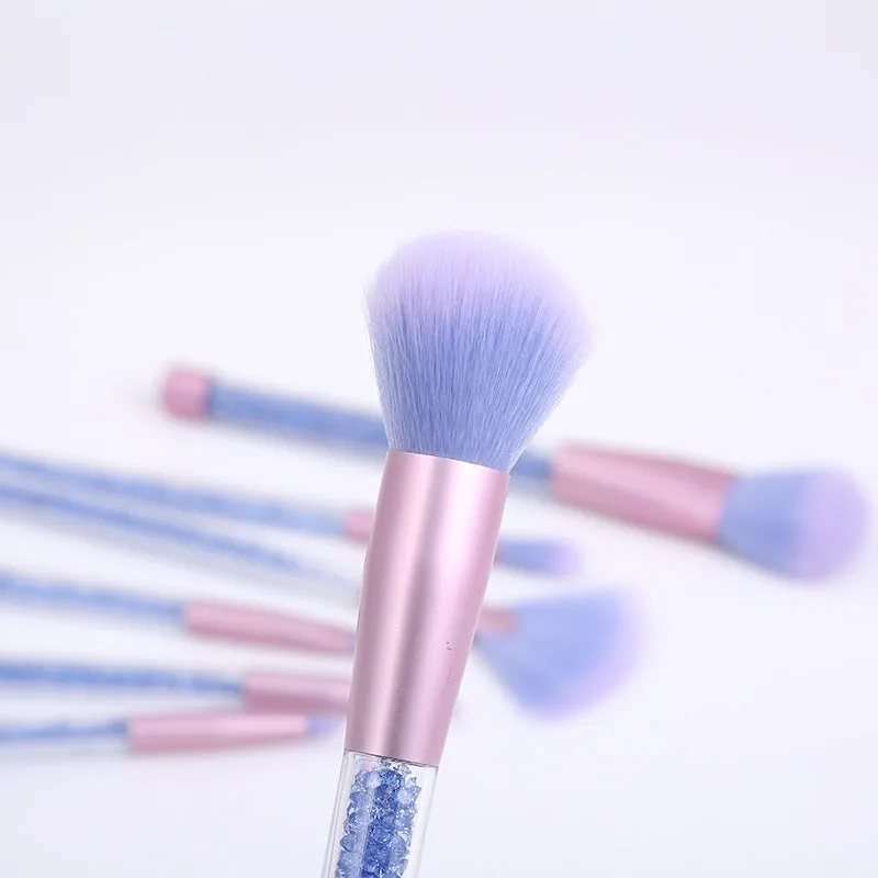 7-piece makeup brush set with rayon bristles, PU tip, long plastic handle, 20cm length, pink colour