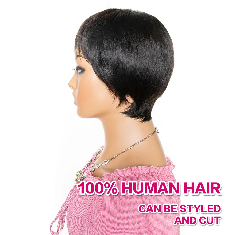 Short pixie cut human hair wig with bangs in natural black color