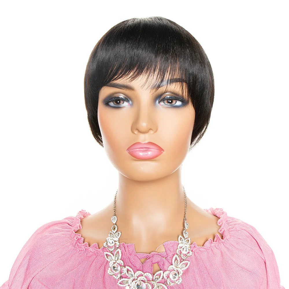 Short pixie cut human hair wig with bangs in natural black color