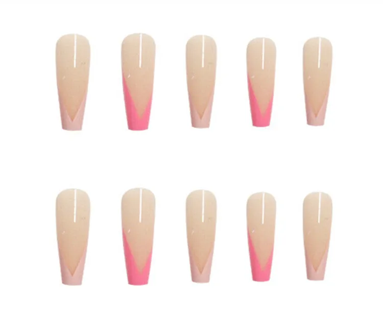 French European long ballet fake nails in W018 Pink French Glue colour with glue for manicure