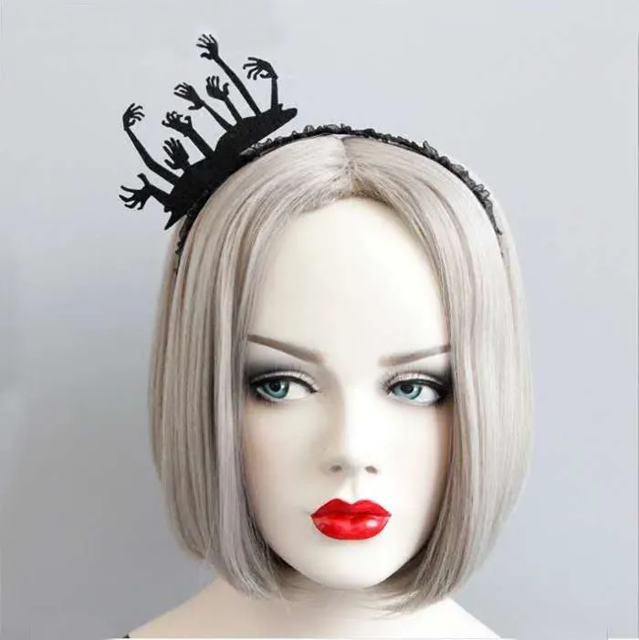 Halloween funny headband made from felt cloth, black lace, ribbon, and iron headband base in multiple colour styles