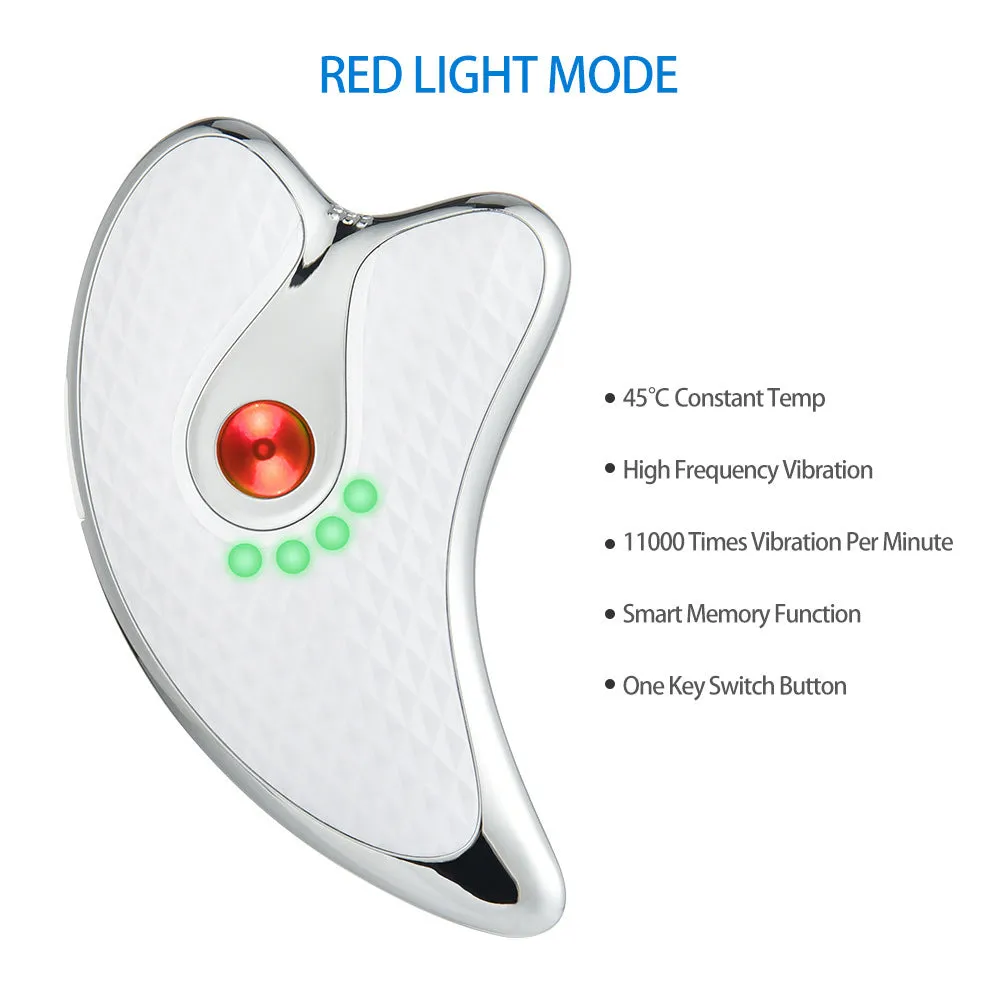 White rechargeable vibrating facial massager scraping board with ergonomic handle on a clean background