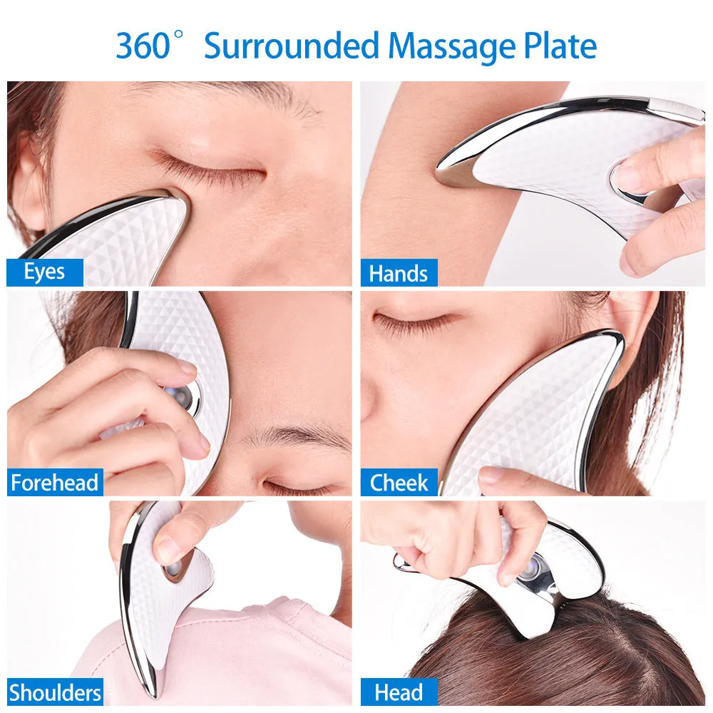 White rechargeable vibrating facial massager scraping board with ergonomic handle on a clean background