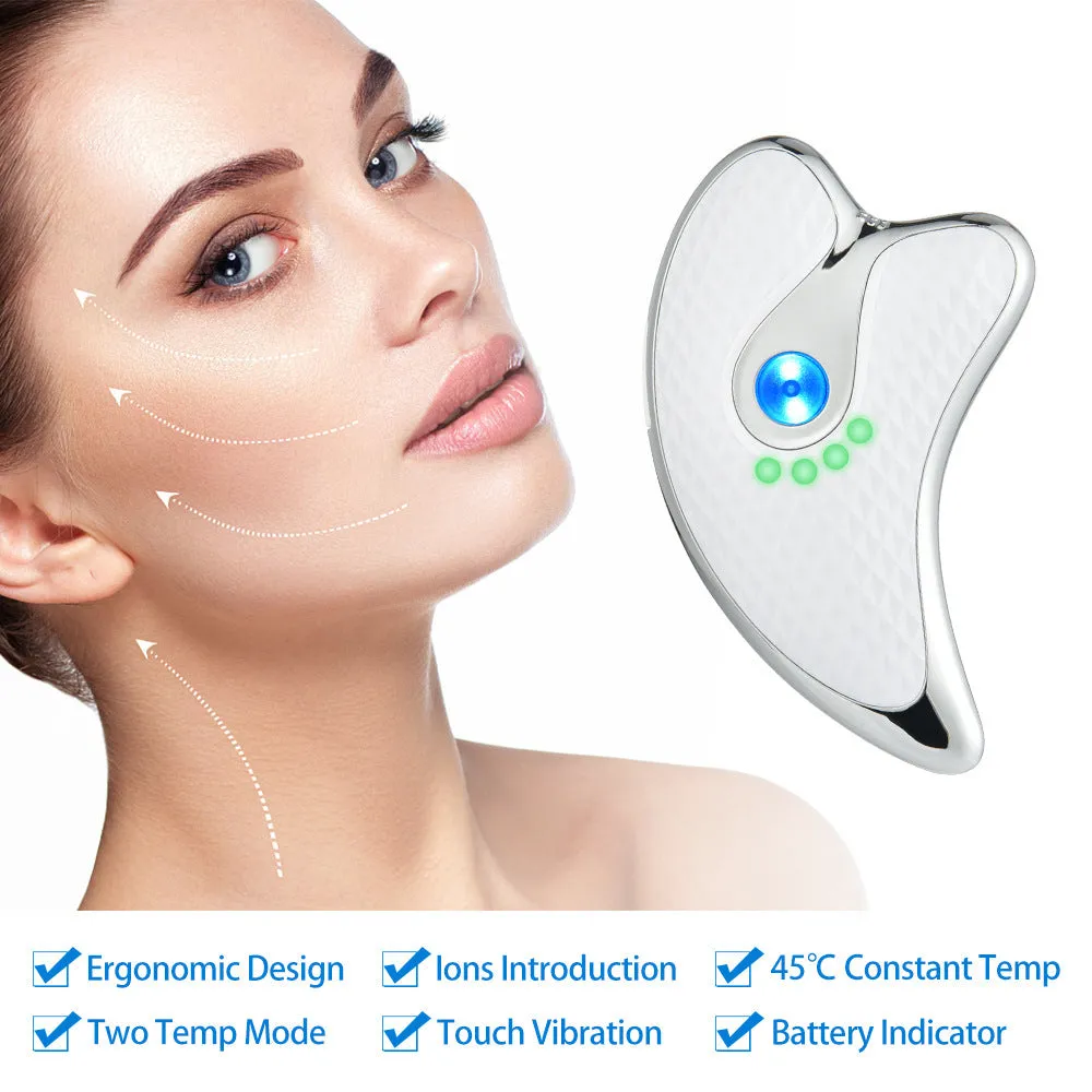 White rechargeable vibrating facial massager scraping board with ergonomic handle on a clean background