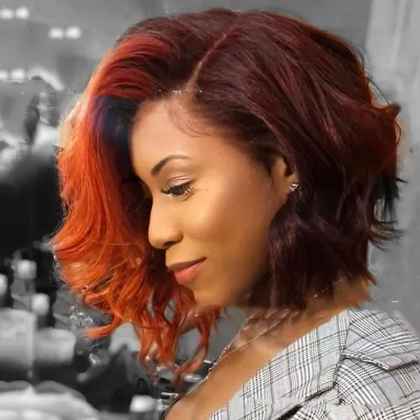 Short wavy brown synthetic wig with long side part bangs on a stand, 50cm length