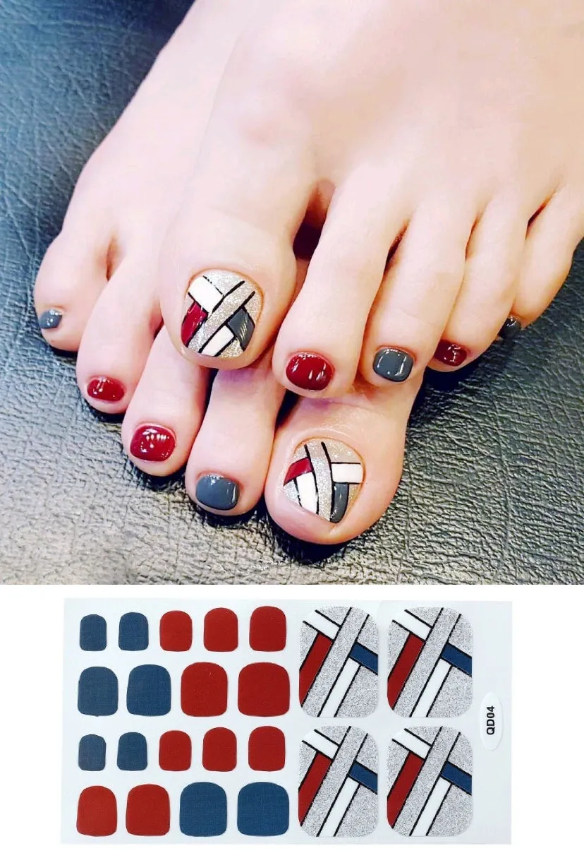 Cute waterproof foot nail sticker in pink colour on a toenail, with silver, wine red, and yellow colour options shown on the packaging