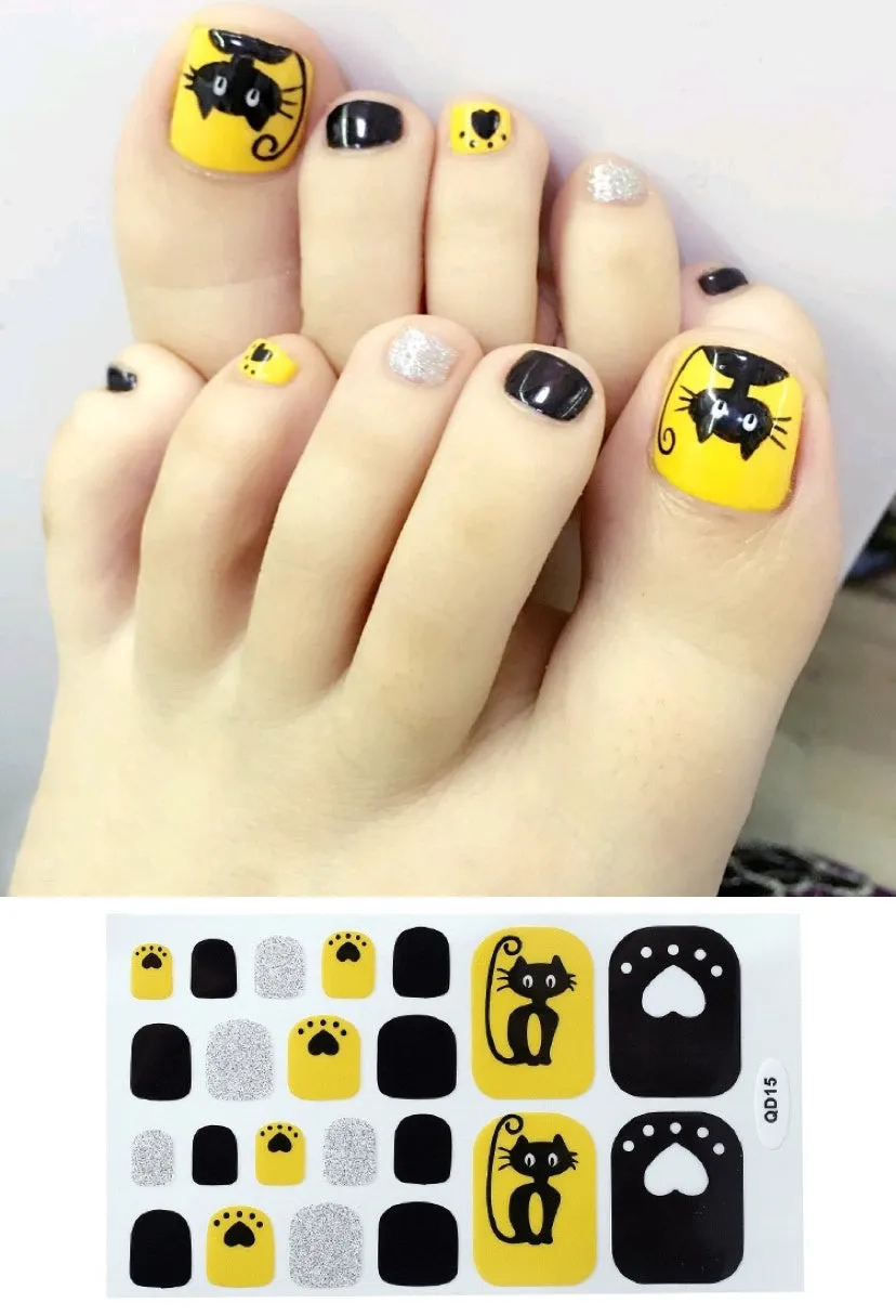 Cute waterproof foot nail sticker in pink colour on a toenail, with silver, wine red, and yellow colour options shown on the packaging