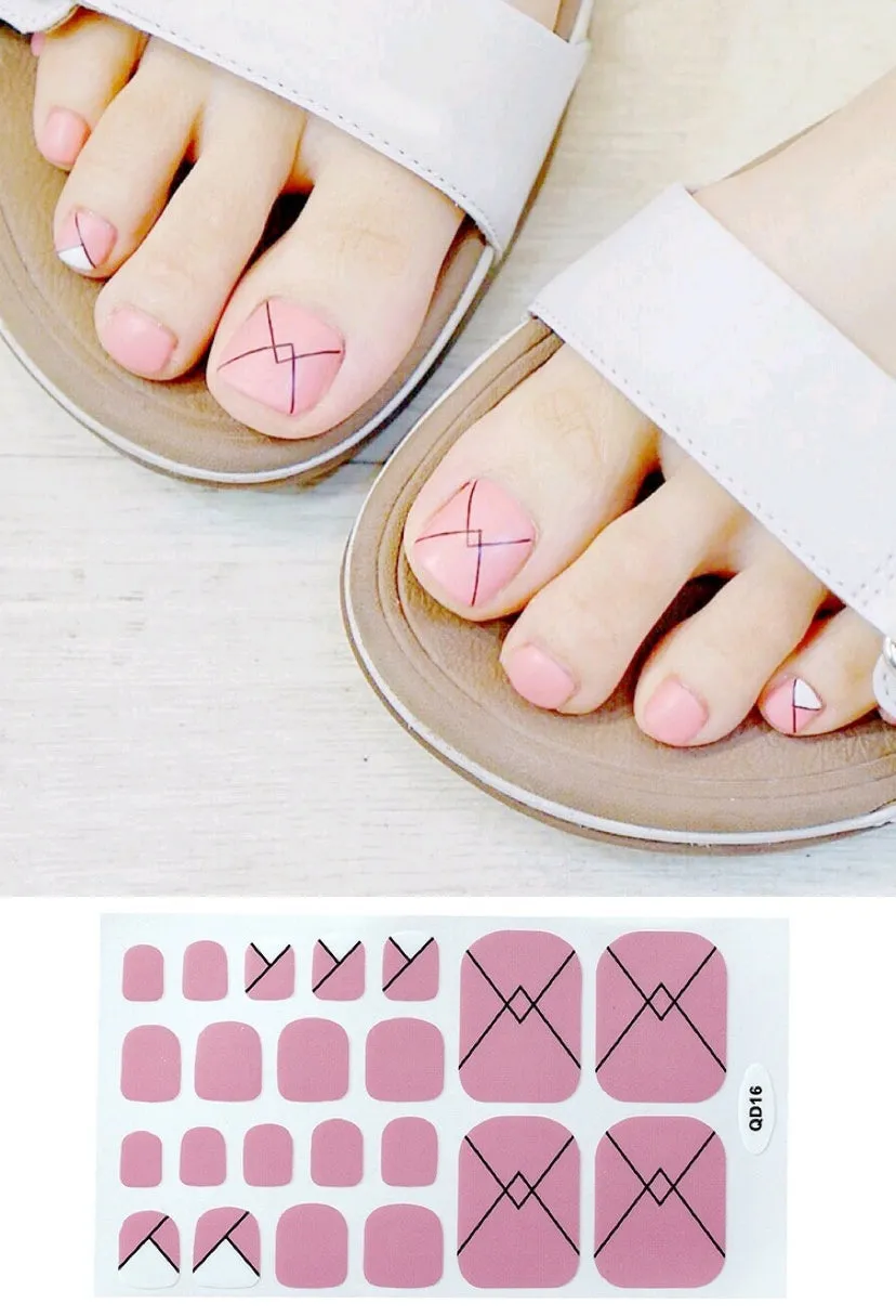 Cute waterproof foot nail sticker in pink colour on a toenail, with silver, wine red, and yellow colour options shown on the packaging