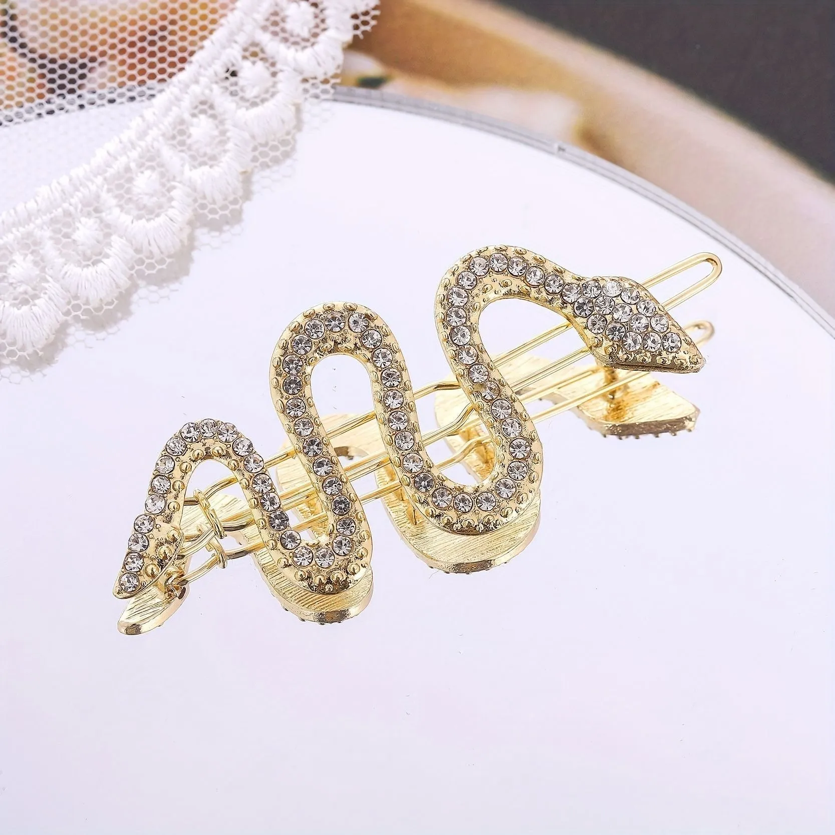 Korean vintage snake hair barrette with court rhinestones in gold or silver colour