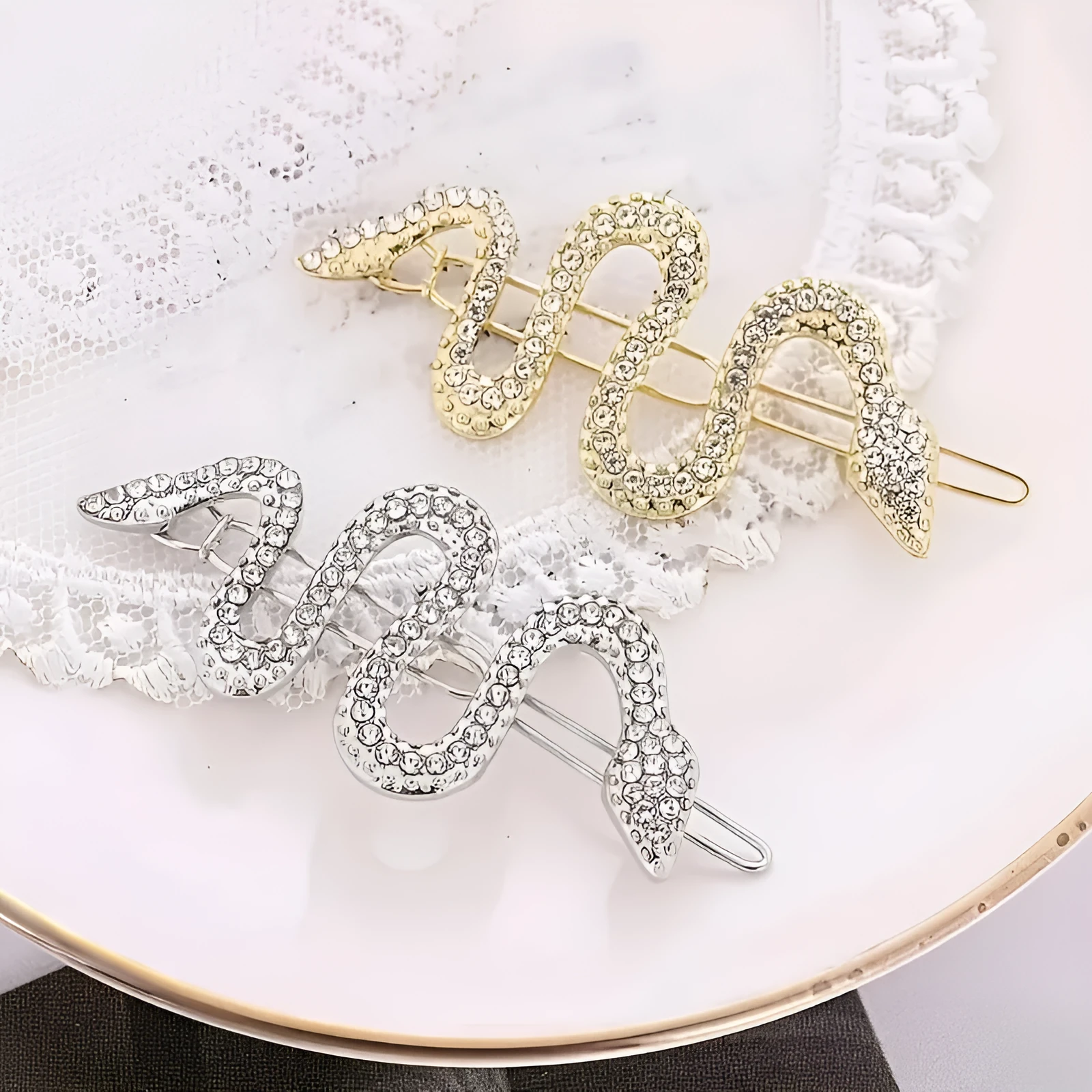 Korean vintage snake hair barrette with court rhinestones in gold or silver colour