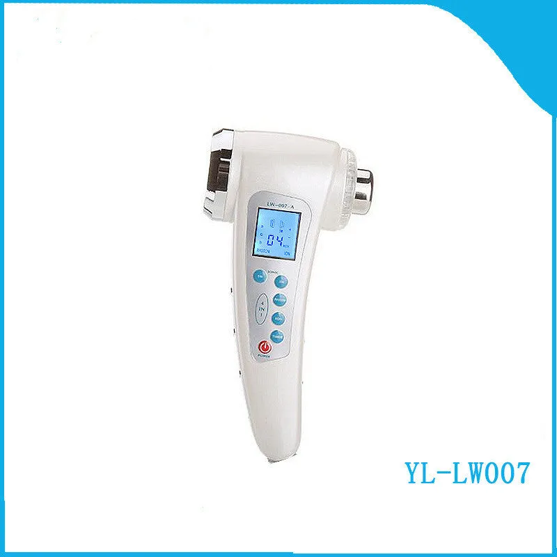 White ultrasonic beauty instrument with two stainless steel heads and ABS handle, 165mm height, 195g weight