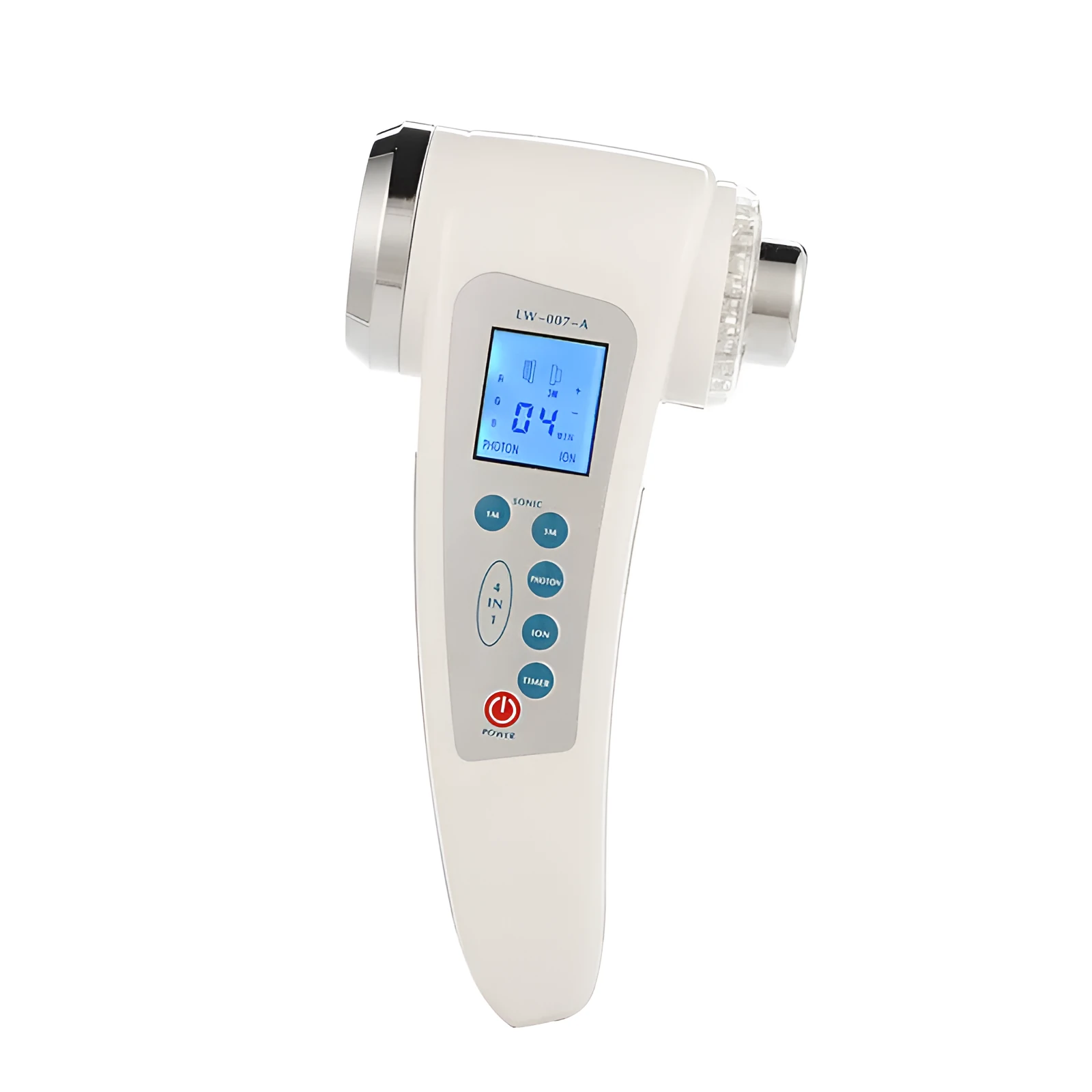 White ultrasonic beauty instrument with two stainless steel heads and ABS handle, 165mm height, 195g weight