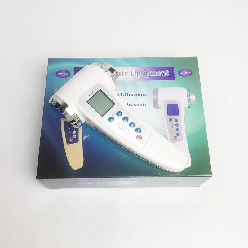 White ultrasonic beauty instrument with two stainless steel heads and ABS handle, 165mm height, 195g weight