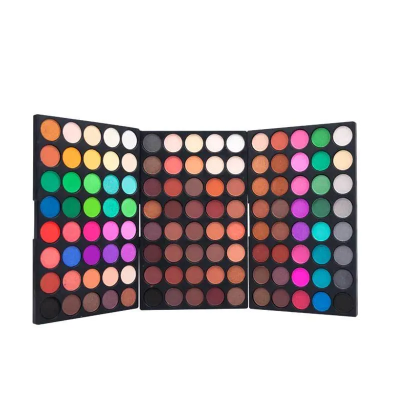 Eyeshadow compact palette with 120 colours in shimmer and matte finishes, measuring 15.6 by 10.5 by 2.4 cm.