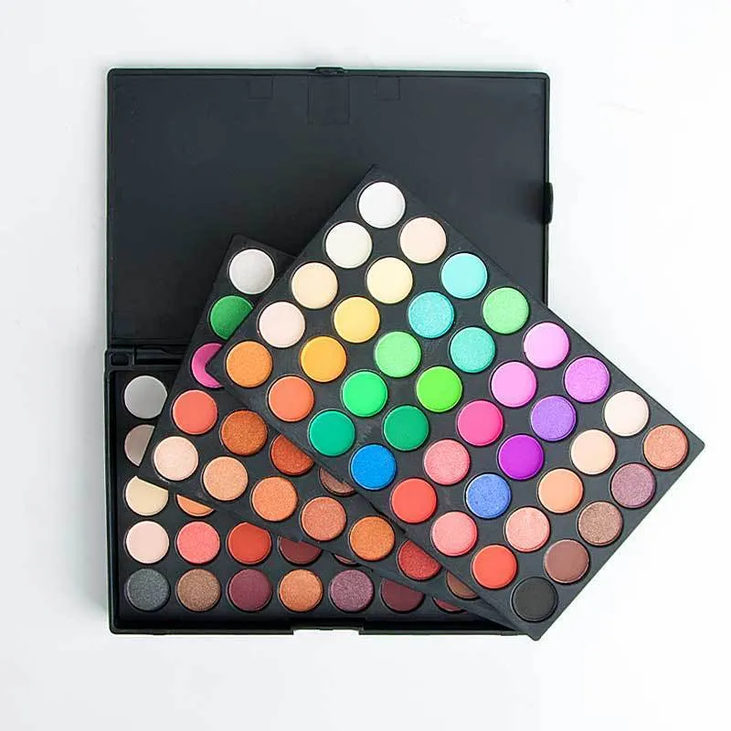 Eyeshadow compact palette with 120 colours in shimmer and matte finishes, measuring 15.6 by 10.5 by 2.4 cm.