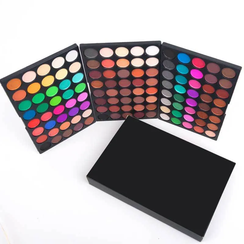 Eyeshadow compact palette with 120 colours in shimmer and matte finishes, measuring 15.6 by 10.5 by 2.4 cm.