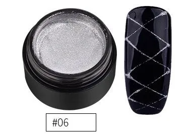 Six 5ml bottles of nail elastic drawing gum in black, white, blue, red, glitter gold, and glitter silver for DIY nail art