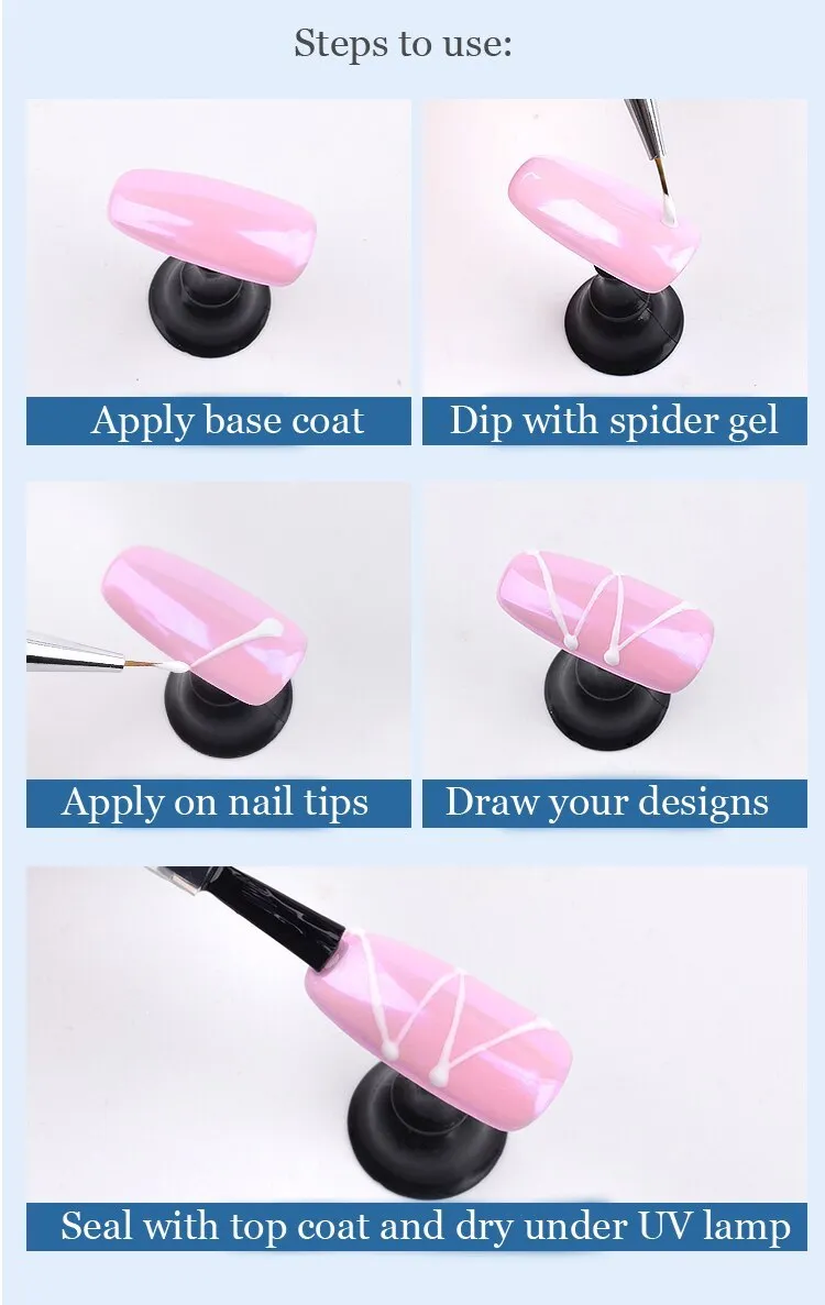 Six 5ml bottles of nail elastic drawing gum in black, white, blue, red, glitter gold, and glitter silver for DIY nail art