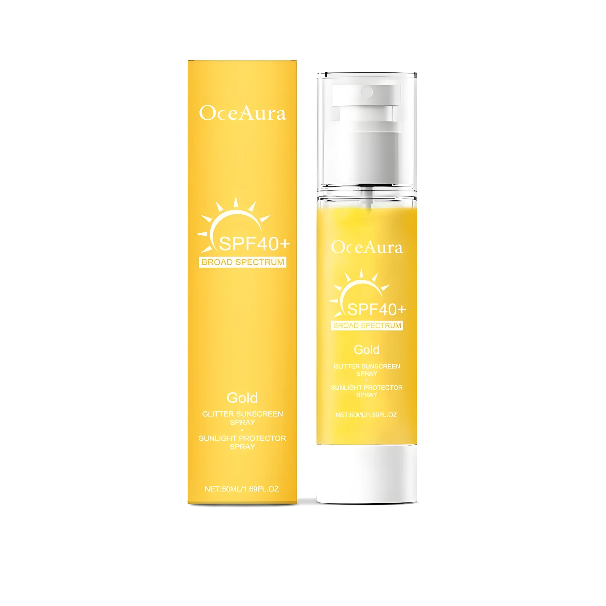 Shiny Sunscreen Spray 50ml bottle with spray pump, showing liquid formula.