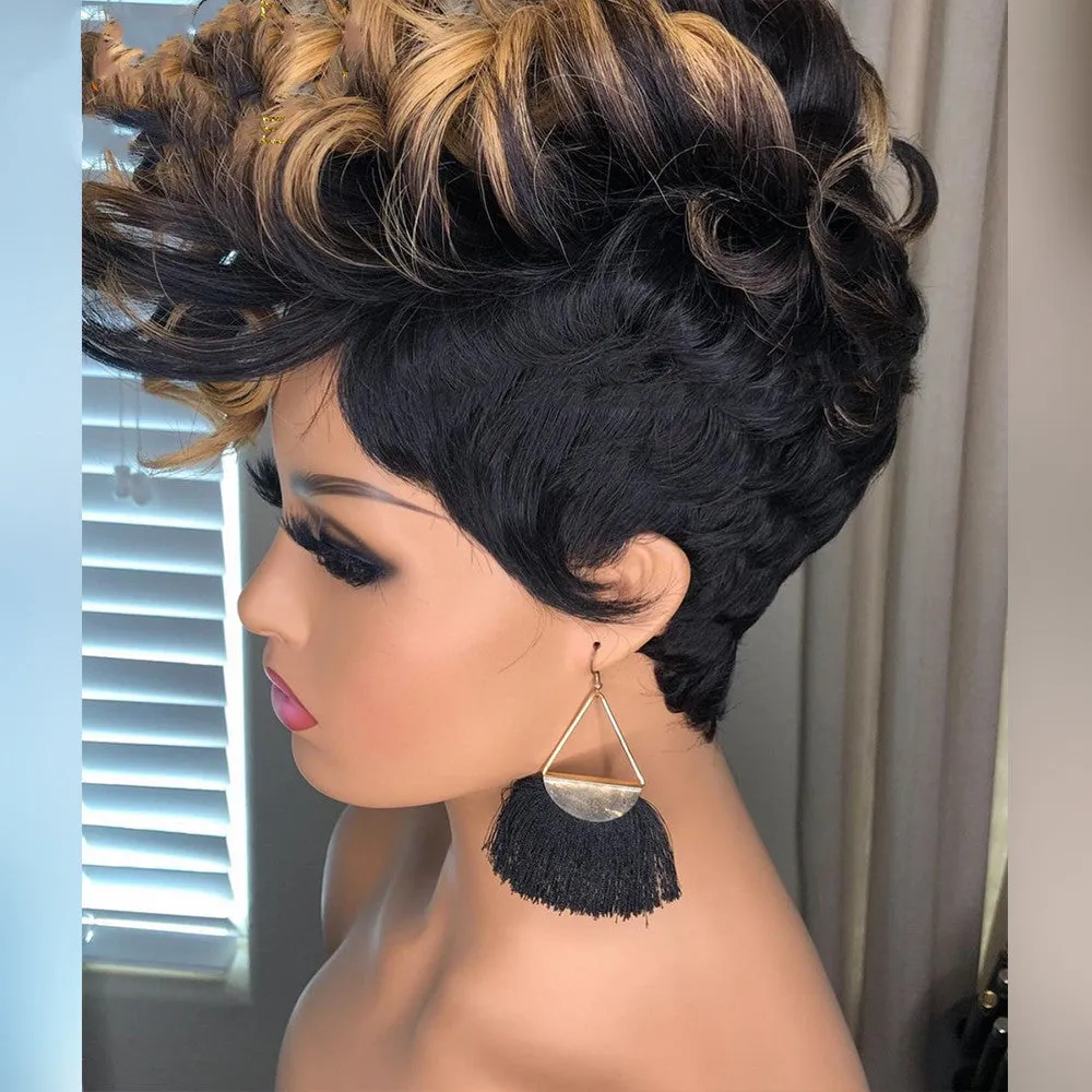 Short curly wig with Qi bangs, high temperature wire, 15cm length, adjustable elastic buckle for 52-56cm head circumference