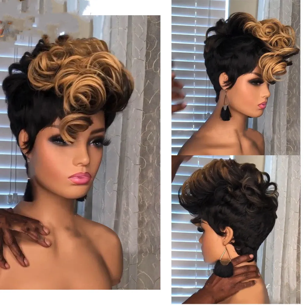 Short curly wig with Qi bangs, high temperature wire, 15cm length, adjustable elastic buckle for 52-56cm head circumference