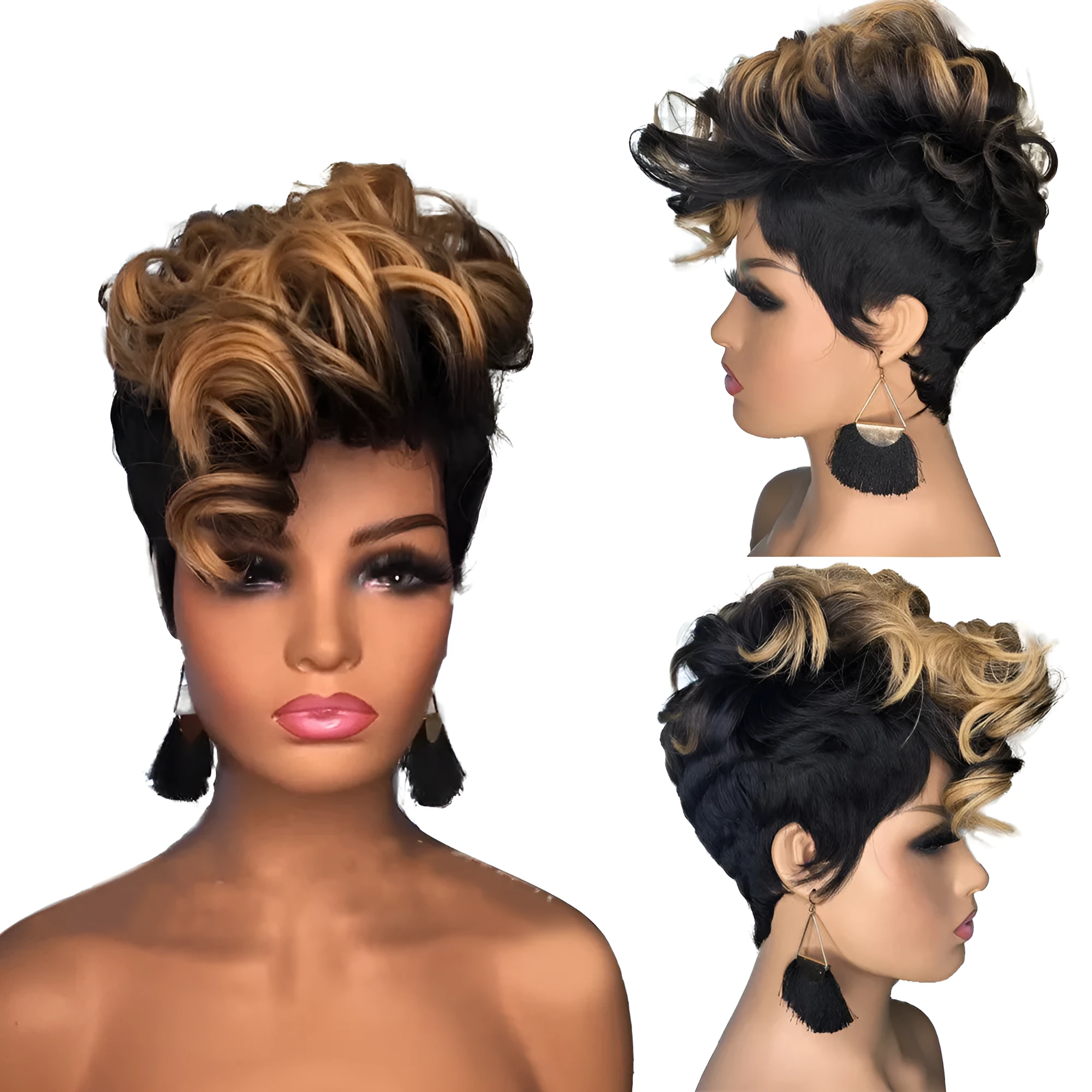 Short curly wig with Qi bangs, high temperature wire, 15cm length, adjustable elastic buckle for 52-56cm head circumference