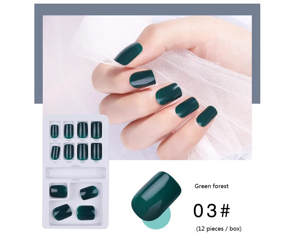 Wear Nails 12-piece pure colour nail art fake nail patches in solid colour style with jelly glue
