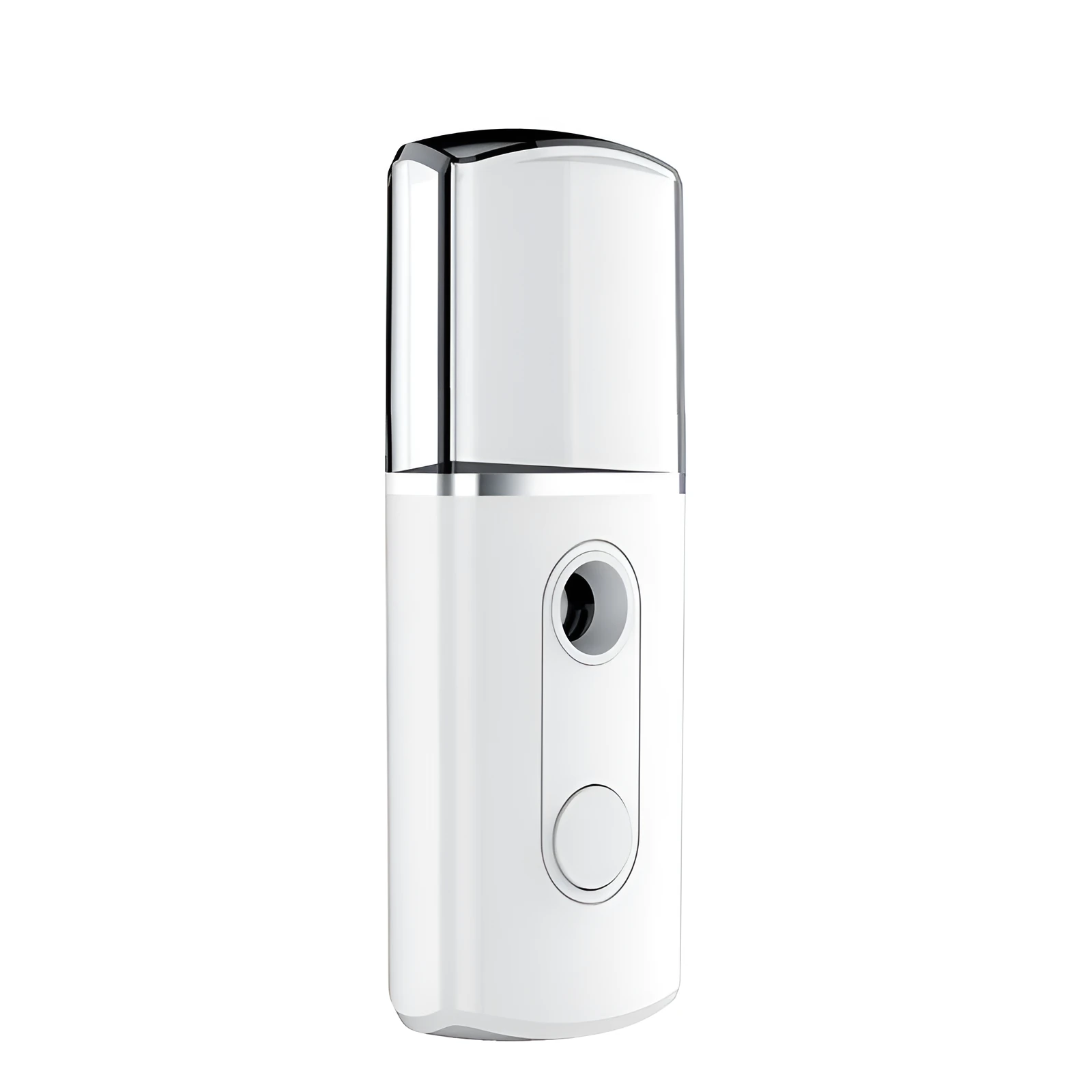 Portable facial nano mist humidifier in white, 10cm long, with 20ml water tank and USB cable