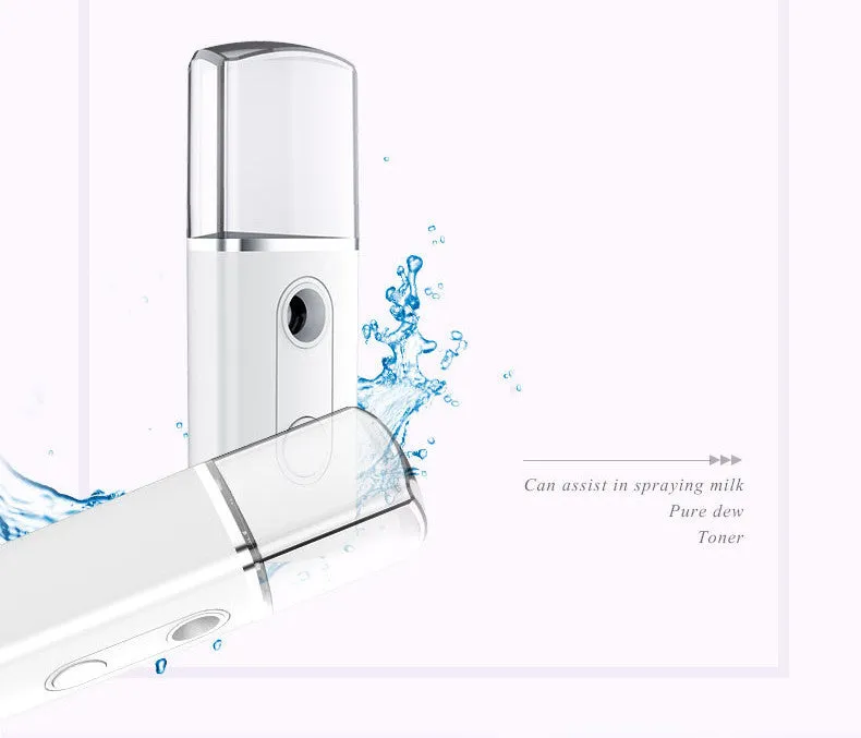 Portable facial nano mist humidifier in white, 10cm long, with 20ml water tank and USB cable